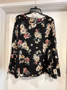 Vince Camuto Black Floral Long-Sleeve Blouse with Cream & Red Blooms